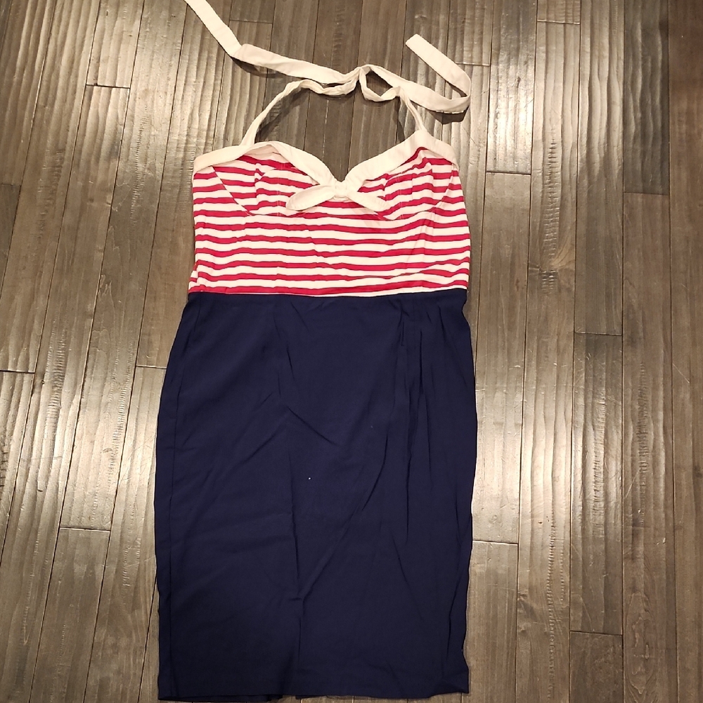 Pinup Couture Sailor Navy and Red Striped Halter Dress